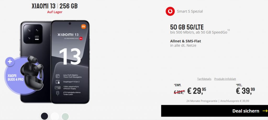 Xiaomi 13 + Xiaomi Buds 4 Pro Vodafone Smart S mit 50 GB 5G Xiaomi 13 + Xiaomi Buds 4 Pro Vodafone Smart S Mit 50 Gb 5G