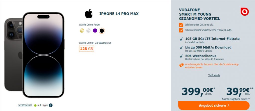 Iphone 14 Pro Max + Vodafone Smart M Young Mit 105 Gb 5G