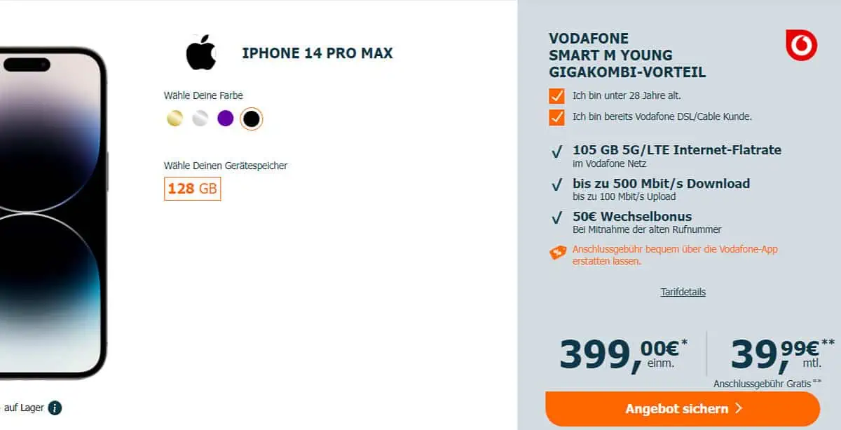 Logitel: iPhone 14 Pro Max + Vodafone Smart M Young mit 105 GB 5G für 39,99 € / Monat + 33,99 € einmalig