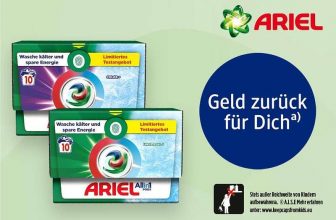 Bild von zwei Packungen Ariel All-in-1 Pods mit farbenfrohen Wirbeldesigns, erhältlich bei dm. Der Text auf Deutsch hebt Energieeinsparungen und ein Sonderangebot hervor. Oben rechts befindet sich das Ariel-Logo und ein blauer Kreis sagt „Geld zurück für Dich“.