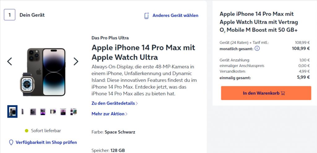 Apple iPhone 14 Pro Max +Apple Watch Ultra mit O2 Mobile M Boost 50+ GB Apple Iphone 14 Pro Max +Apple Watch Ultra Mit O2 Mobile M Boost 50+ Gb