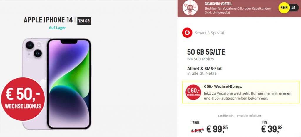 Apple iPhone 14 + Vodafone Smart S Spezial mit 50 GB 5G Apple Iphone 14 + Vodafone Smart S Spezial Mit 50 Gb 5G