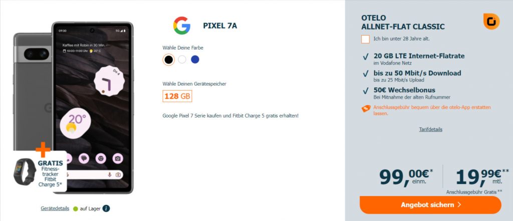 Google Pixel 7A + Fitbit Charge 5 + Otelo Allnet-Flat Classic 20 Gb