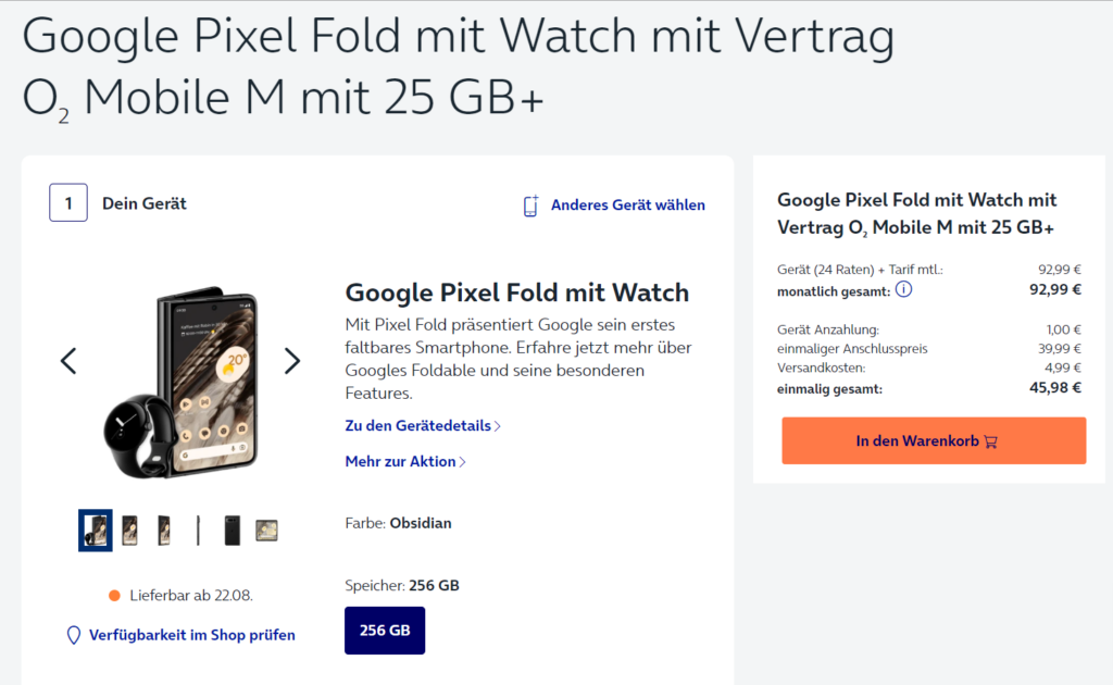 Google Pixel Fold + Google Watch Mit O2 Mobile M Boost 25+ Gb