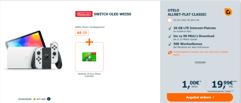 Otelo Allnet-Flat 20 Gb Lte - Vodafone + Nintendo Switch Oled + Nintendo 25 Euro Eshop Geschenkgutschein