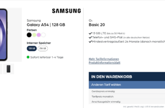 starmobile: Samsung Galaxy A54 + o2 Basic 20 mit 13 GB LTE für 19,99 € / Monat + 49,93 € einmalig