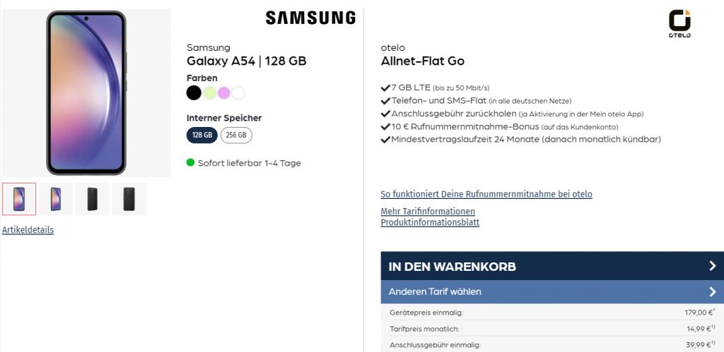 Samsung Galaxy A54 + Otelo Allnet-Flat Go Mit 7 Gb