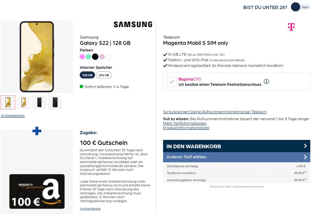 Samsung Galaxy S22 + 100 â‚¬ Amazon Gutschein + Telekom Magenta Mobil S 10 Gb