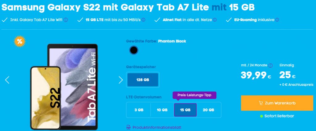 Samsung Galaxy S22 + Galaxy Tab A7 Lite + Blau Allnet Plus 15 Gb