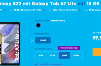 Blau: Samsung Galaxy S22 + Galaxy Tab A7 Lite Wi-Fi + Blau Allnet Plus 15 GB Datenflat für 39,99 € / Monat + 29,99 € einmalig