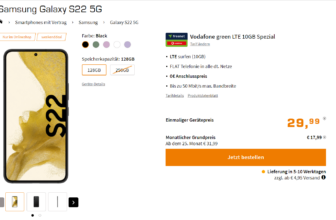Saturn Tarifwelt: Samsung Galaxy S22 + Vodafone green LTE 10 GB für 17,99 € / Monat + 34,94 € einmalig
