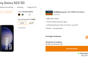 Samsung Galaxy S23 5G + Vodafone green LTE 15GB für 29,99 € / Monat + 74,93 € einmalig