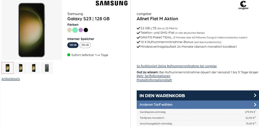 Samsung Galaxy S23 + Libratone One Style Portable Bluetooth Speaker + Congstar Allnet Flat M 22 Gb