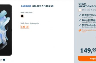 Logitel: Samsung Galaxy Z Flip 4 5G + otelo Allnet-Flat Classic 20 GB für 19,99 € / Monat + 153,99 € einmalig