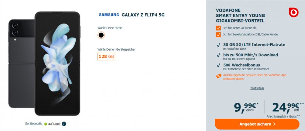 Samsung Galaxy Z Flip 5G + Vodafone Smart Entry Young Mit 30 Gb 5G