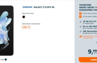 Logitel: Samsung Galaxy Z Flip 5G + Vodafone Smart Entry Young mit 30 GB 5G ab 24,99 € / Monat + 13,99 € einmalig (bis 27 Jahren)