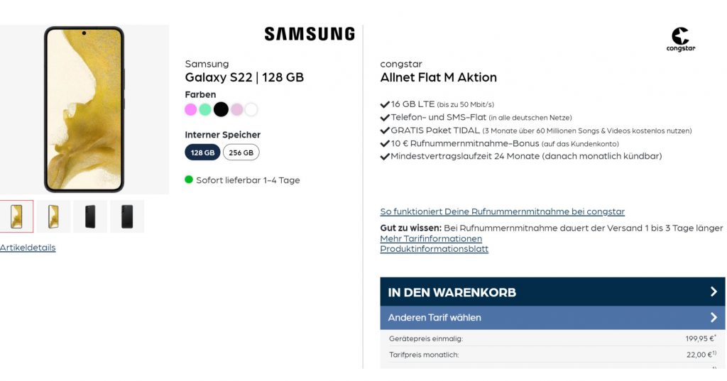 Samsung Galaxy S22 + Congstar Allnet