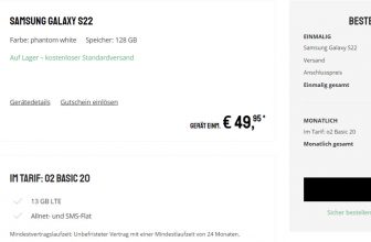 [Exklusiv] Sparhandy: Samsung Galaxy S22 + o2 Basic 20 mit 13 GB 5G Datenvolumen für 19,99 € / Monat + 79,94 € einmalig