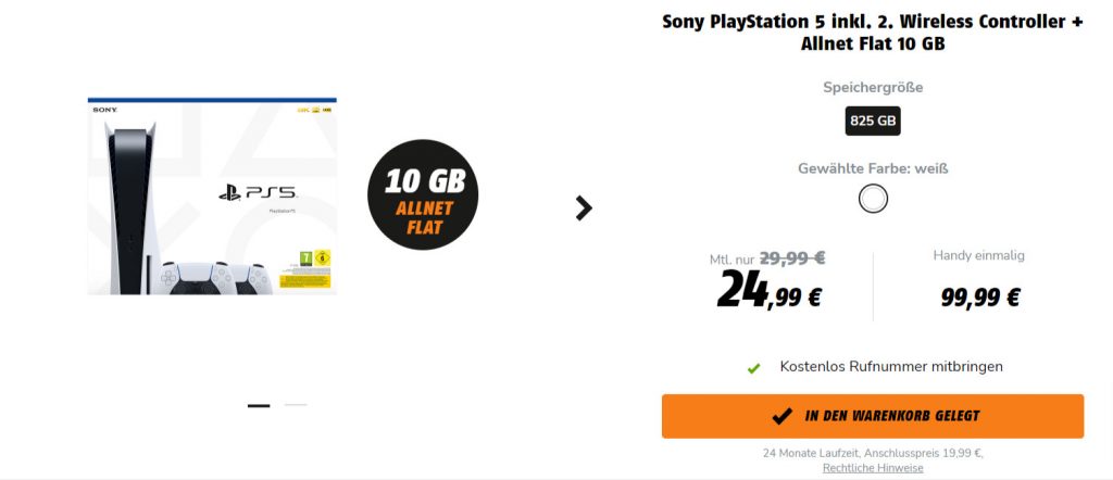 Sony Playstation 5 Inkl. 2. Wireless Controlle + Allnet Flat 10 Gb