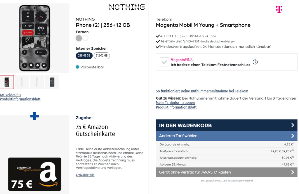 Nothing Phone 2 + 75 â‚¬ Amazon-Gutschein + Libratone One Style Portable Bluetooth Speaker + Telekom Magenta Mobil M Young Mit 40 Gb Lte