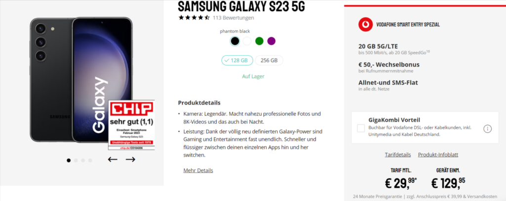 Samsung Galaxy S23 5G + Vodafone Smart Entry Spezial 20 Gb 5G