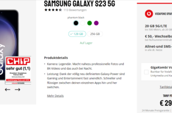Sparhandy: Samsung Galaxy S23 5G + Vodafone Smart Entry Spezial 20 GB 5G für 29,99 € / Monat + 174,93 € einmalig