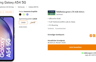 Saturn Tarifwelt: Samsung Galaxy A54 5G + freenet Telefonica green LTE 6GB für 9,99 € / Monat + 114,93 € einmalig