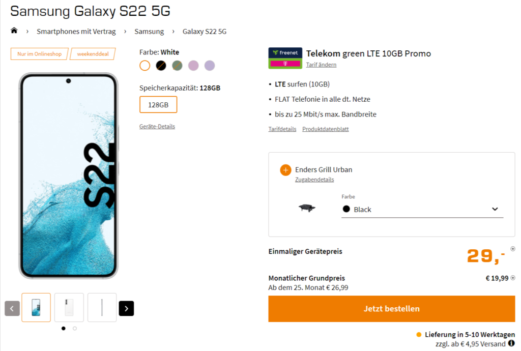 Samsung Galaxy S22 5G + Enders Grill Urban + Telekom Green Lte 10 Gb