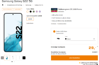Saturn Tarifwelt: Samsung Galaxy S22 5G + Enders Grill Urban + Telekom green LTE 10 GB für 19,99 € / Monat + 73,94 € einmalig