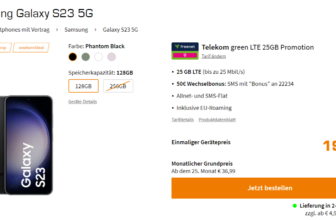 Saturn Tarifwelt: Samsung Galaxy S23 5G + freenet Telekom green LTE 25GB für 29,99 € / Monat + 64,93 € einmalig