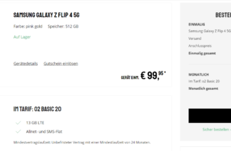 Sparhandy: Samsung Galaxy Z Flip 4 5G + o2 Basic 13 GB LTE für 19,99 € / Monat + 144,93 € einmalig