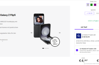 Deinhandy: Samsung Galaxy Z Flip 5 5G + o2 Mobile M TradeIn 200 mit 25 GB 5G für 32,99 € / Monat + 51,93 € einmalig