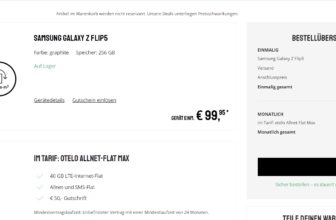 Sparhandy: Samsung Galaxy Z Flip 5 5G + otelo Allnet-Flat Max mit 40 GB LTE für 29,99 € / Monat + 146,93 € einmalig