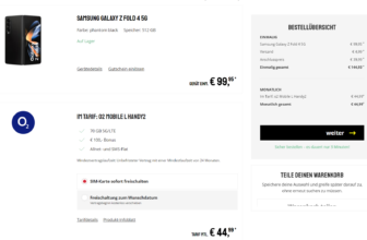 Sparhandy: Samsung Galaxy Z Fold 4 5G + o2 Mobile L 70 GB 5G für 44,99 € / Monat + 144,93 € einmalig