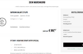 Sparhandy: Samsung Z Flip 5 + Vodafone Smart Entry mit 20 GB 5G für 29,99 € / Monat + 224,93 € einmalig