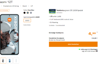 Saturn Tarifwelt: Xiaomi 12T + freenet Telefonica green LTE 12GB für 12,99 € / Monat + 49,93 € einmalig