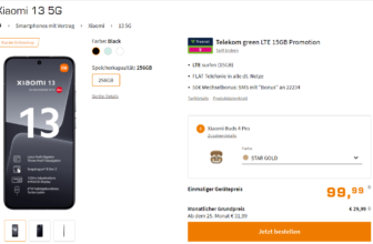 Saturn Tarifwelt: Xiaomi 13 5G + Xiaomi Buds 4 Pro + Telekom green LTE 15GB für 29,99 € / Monat + 144,93 € einmalig