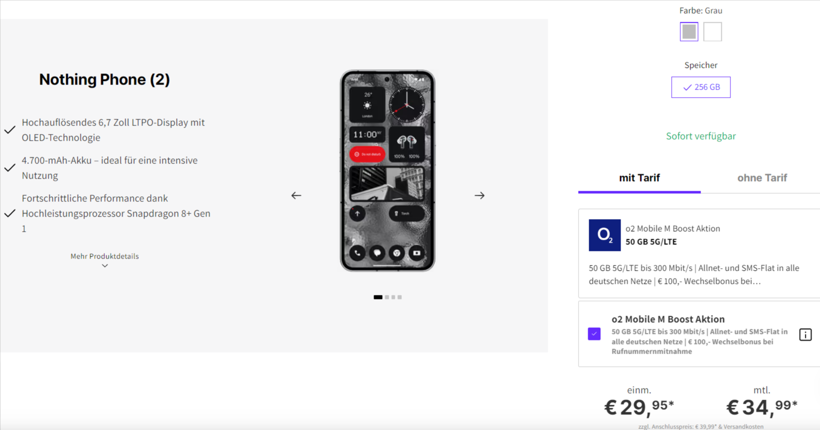 Deinhandy: Nothing Phone 2 + o2 Mobile M Boost 50 GB 5G für 34,99 € / Monat + 76,93 € einmalig