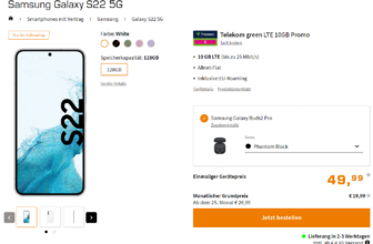 Saturn Tarifwelt: Samsung Galaxy S22 5G +Samsung Galaxy Buds2 Pro + freenet Telekom green LTE 10 GB für 19,99 € / Monat + 94,93 € einmalig