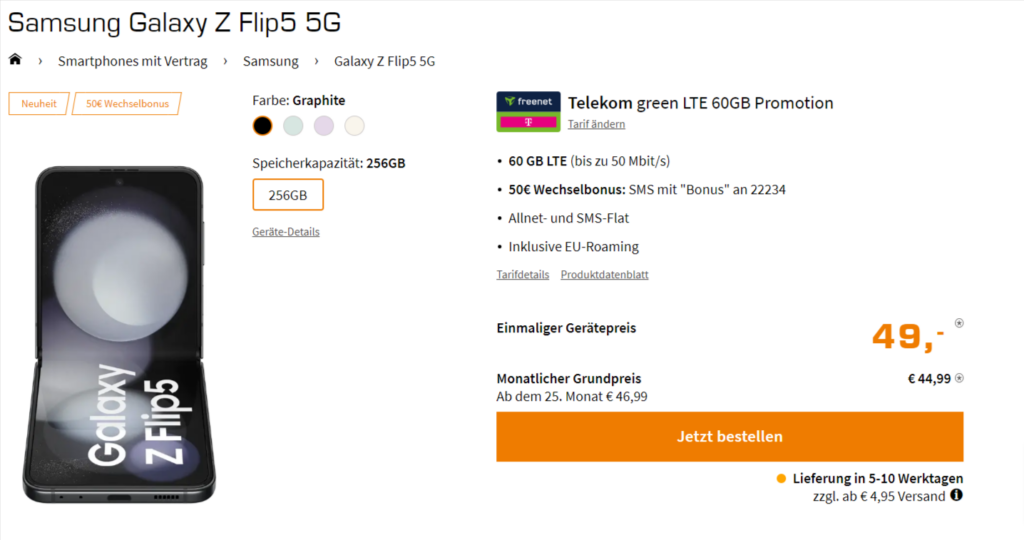 Samsung Galaxy Z Flip5 5G + Freenet Telekom Green Lte 60Gb