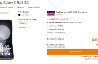 Saturn Tarifwelt: Samsung Galaxy Z Flip5 5G + freenet Telekom green LTE 60GB für 44,99 € / Monat + 93,94 € einmalig