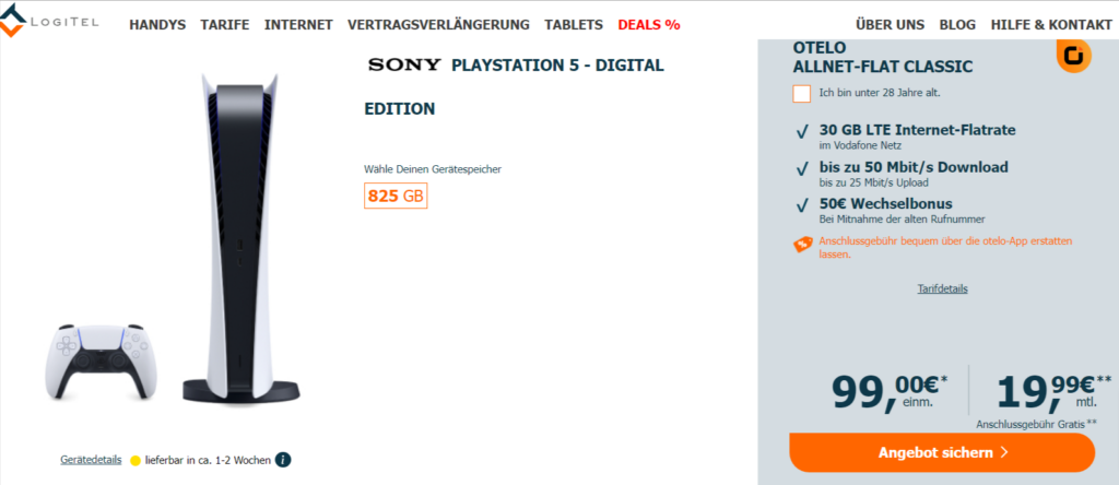 Sony Playstation 5 Digital Edition + Congstar Allnet-Flat 30 Gb Lte