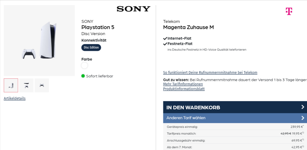 Sony Playstation 5 Disc Edition + Telekom Magenta Zuhause M