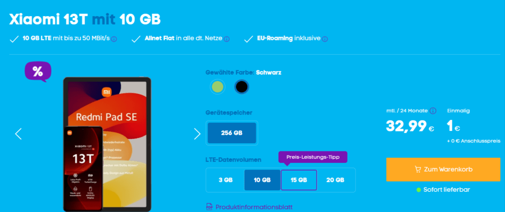Xiaomi 13T + Xiaomi Redmi Pad SE + Blau Allnet Flat XL 10 GB LTE Xiaomi 13T + Xiaomi Redmi Pad Se + Blau Allnet Flat Xl 10 Gb Lte