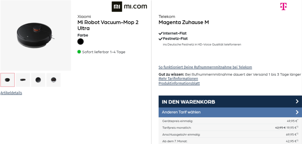 Xiaomi Mi Robot Vacuum-Mop 2 Ultra + Telekom Magenta Zuhause M