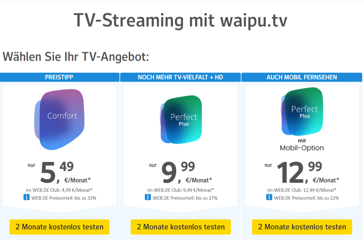 waipu.tv 2 Monate kostenlos testen als Web.de/GMX Kunde (Kündigung  notwendig) | Streaming Guthaben