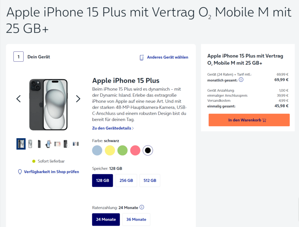 Apple Iphone 15 Plus + O2 Mobile M Mit 25 Gb+ 5G