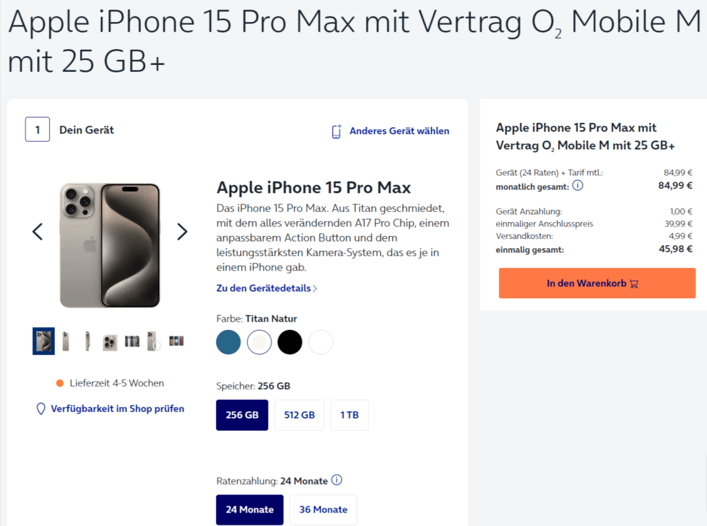 Apple Iphone 15 Pro Max + O2 Mobile M Mit 25 Gb+ 5G