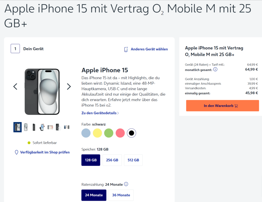 Apple Iphone 15 + O2 Mobile M Mit 25 Gb+ 5G