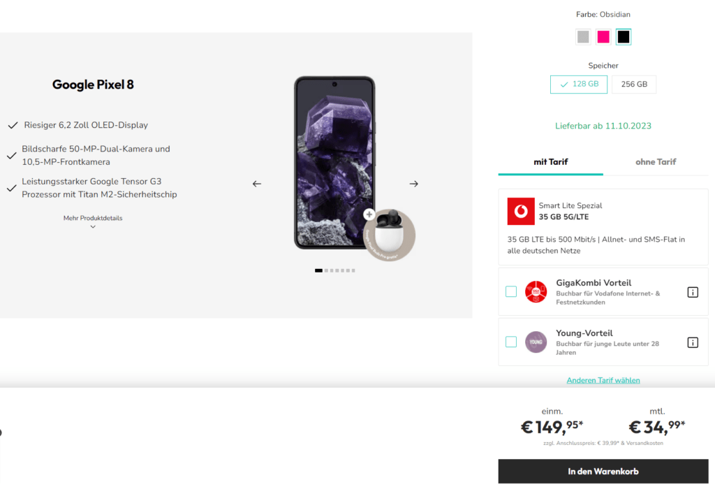 Google Pixel 8 + Vodafone Smart Lite Spezial 35 GB 5G Google Pixel 8 + Vodafone Smart Lite Spezial 35 Gb 5G